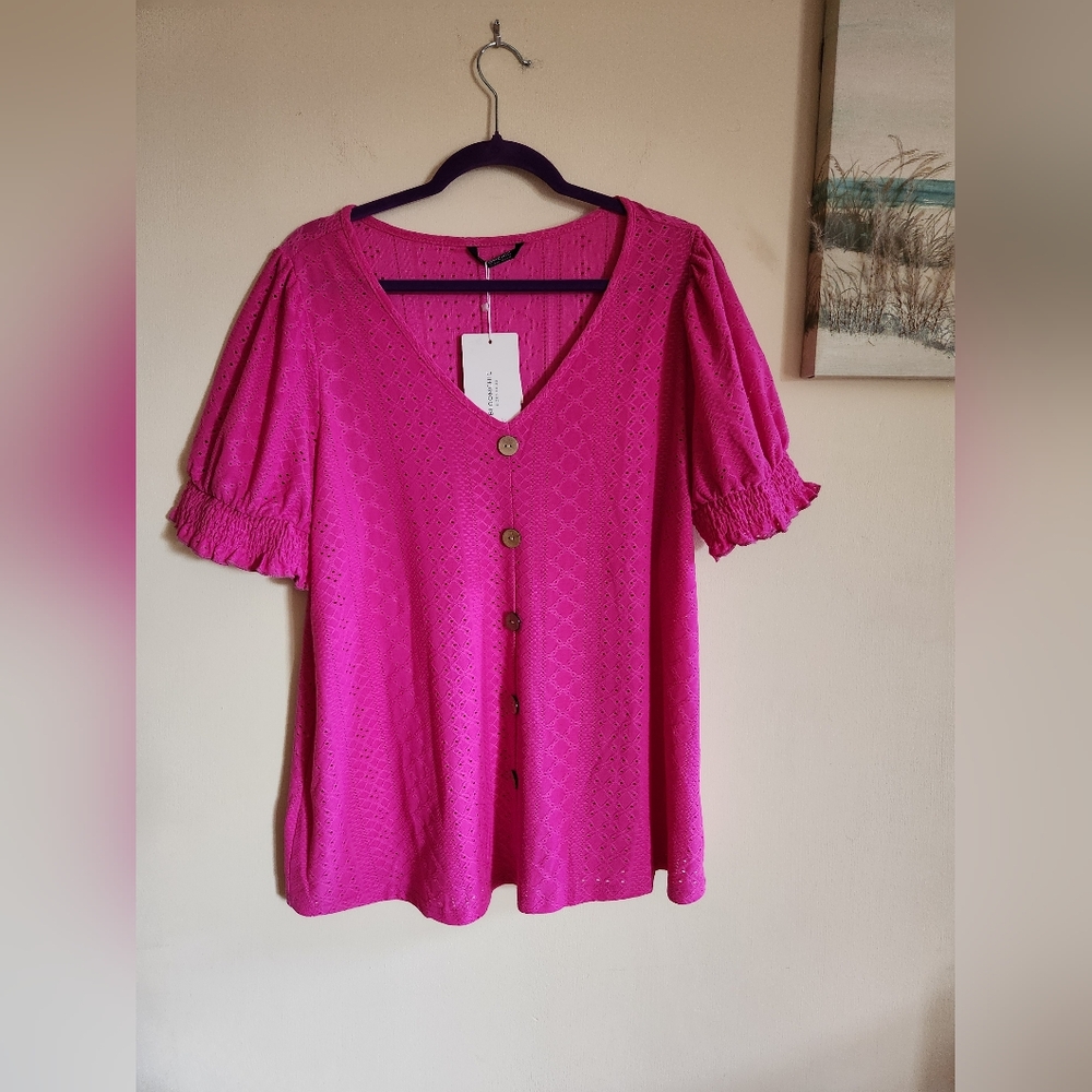 Bloomchic Women's Pink Eyelet Faux Buttons Top 14/16 XL 1X NWT